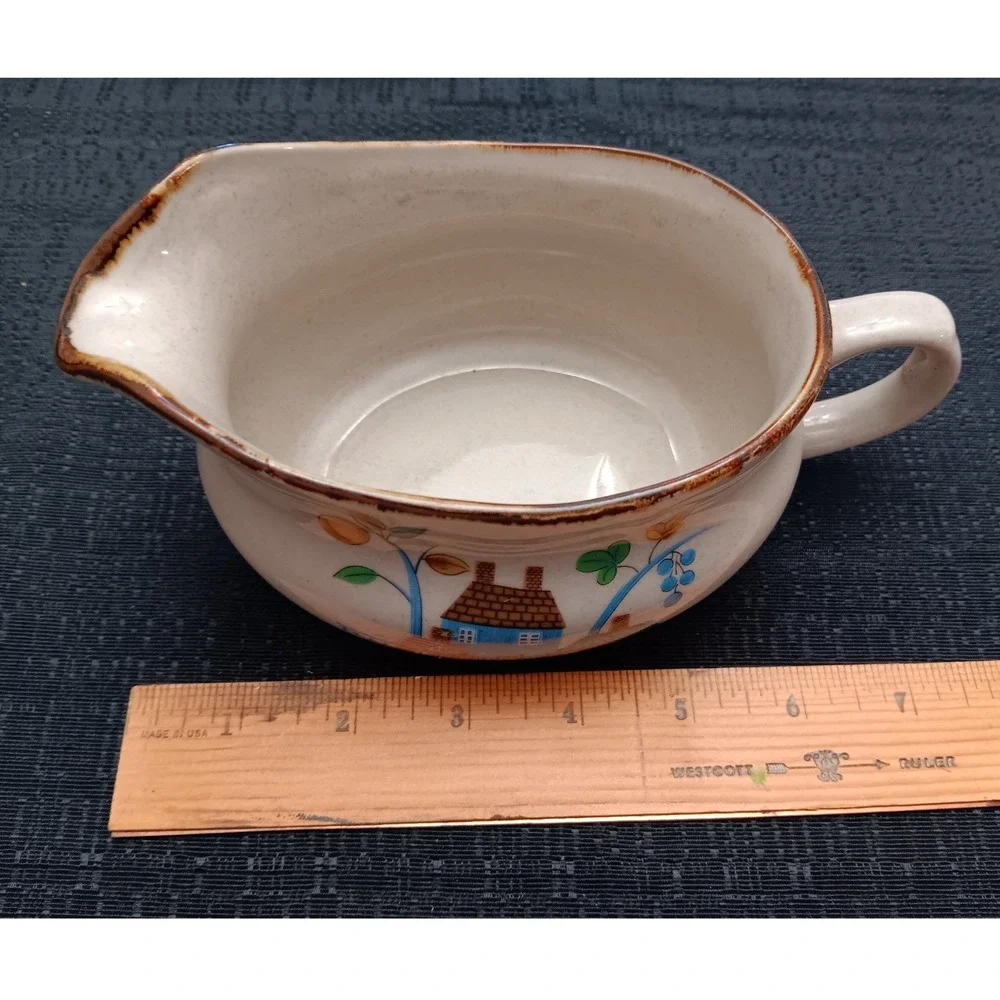 Vintage Village Scene Gravy Boat with Underplate Stoneware Country Folk Art
